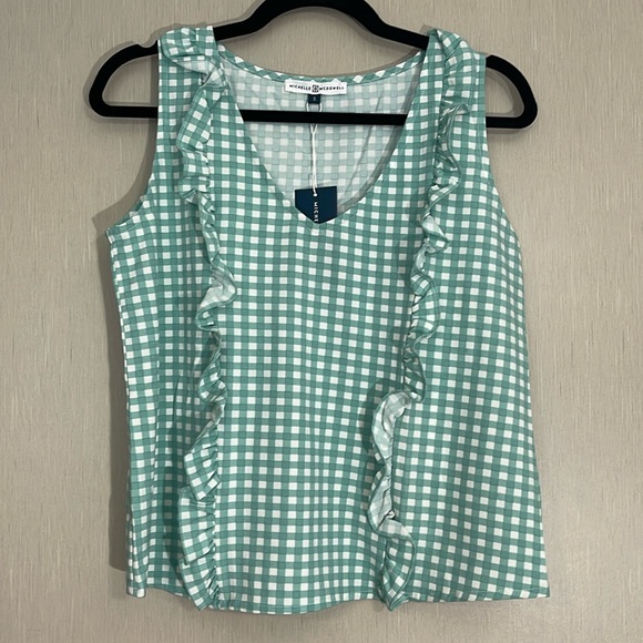 michelle mcdowell Tops - Michelle McDowell NWT small green white checker ruffle v neck tank